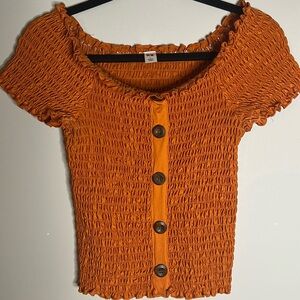 Women’s Orange Fitted off the Shoulder Blouse: Size Large